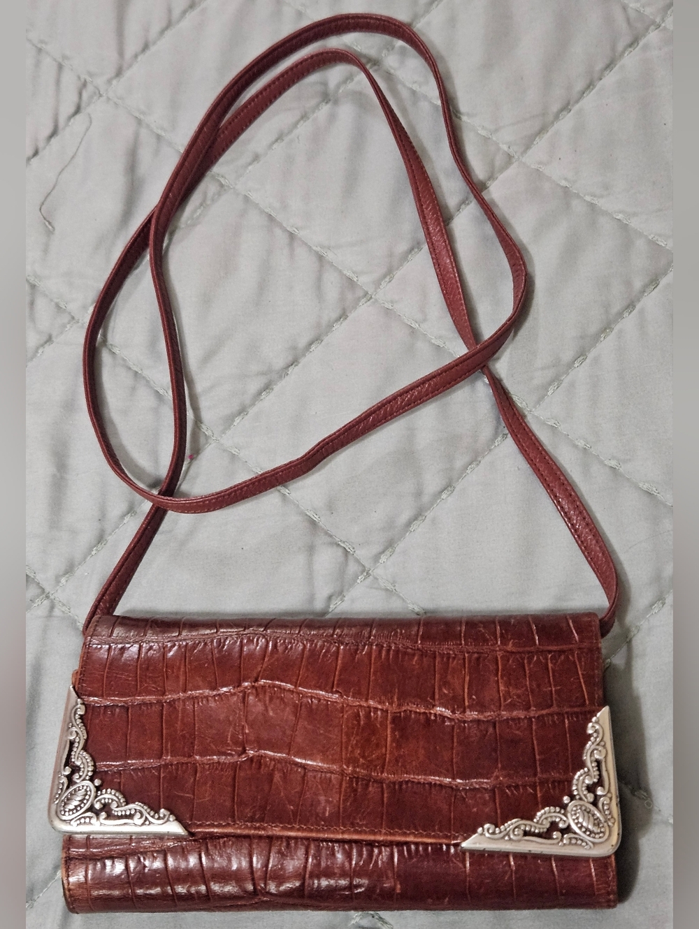 Source Unknown Brown Croc-Embossed Crossbody Bag with Silver Corner Accents